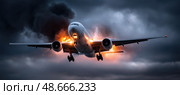 Passenger airplane crashing with engines on fire during storm. Стоковое AI-изображение, AI-художник Юрий Поздников / Фотобанк Лори