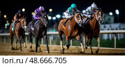 Jockeys riding horses during night horse race at hippodrome. Стоковое AI-изображение, AI-художник Юрий Поздников / Фотобанк Лори
