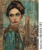 beautiful woman with the Empire State Building in the background, in the style of light bronze and aquamarine, intricate embellishments, softly blended hues, nouveau rйalisme, romantic visions, elegant clothing. Стоковое AI-изображение, AI-художник Anastasy Yarmolovich / Фотобанк Лори
