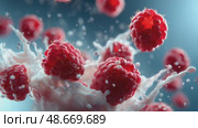 Raspberries splashing into milk, creating a delicious mess. Стоковое AI-видео, аниматор Юрий Поздников / Фотобанк Лори