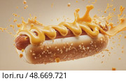 Hot dog covered in mustard splashing on light brown background. Стоковое AI-видео, аниматор Юрий Поздников / Фотобанк Лори