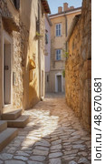 Sunlight creeping down a narrow cobblestone alley in a picturesque european village. Стоковое AI-видео, аниматор Юрий Поздников / Фотобанк Лори