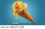 Hyperrealistic Melting Ice Cream on Waffle Cone, Juicy Drips and Glossy Reflections in Summer Sunlight, Vibrant Food Illustration. Гиперреалистичное тающее мороженое на вафельном рожке, сочные капли и глянцевые отражения в летнем солнечном свете, яркая иллюстрация еды. Стоковое AI-изображение, AI-художник Katsiaryna Repich / Фотобанк Лори