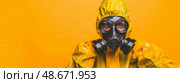 A Hazmat Suit Amidst a Cloud of Yellow Smoke Symbolizing Safety and Hazard Protection in Critical Imagery. Стоковое AI-изображение, AI-художник Anastasy Yarmolovich / Фотобанк Лори
