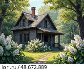 Старинный деревянный дом с крыльцом на даче, окруженный цветущим сиренью в весеннем саду тихой деревни. Стоковое AI-изображение, AI-художник Сергей Никифоров-Гордеев / Фотобанк Лори