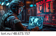 Military in tactical gear using laptop in hightech center for data, intelligence, cyber ops, digital warfare. Стоковое AI-изображение, AI-художник Anastasy Yarmolovich / Фотобанк Лори