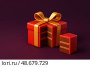 3D-рендер яркого подарочного торта с вырезанным кусочком, стоящим рядом на фоне темно-пурпурного градиента. Образ создан в минималистичном, лаконичном стиле и идеально подходит для рекламных баннеров, маркетинговых акций, оформления сайтов и презентаций. Такой визуал ассоциируется с праздником, бонусами, эксклюзивными предложениями и подарками. Композиция сбалансирована: объект расположен справа, оставляя достаточно пространства слева для размещения текста или логотипа. Отличный шаблон для использования в коммерческих и промо-материалах. Стоковое AI-изображение, AI-художник Sergey Starostin / Фотобанк Лори