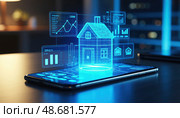 A tablet with a house on it and a bunch of graphs. Стоковое AI-изображение, AI-художник Ярославский Максим / Фотобанк Лори