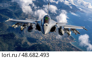 A fighter jet is flying through the sky with a city below. Стоковое AI-изображение, AI-художник Ярославский Максим / Фотобанк Лори