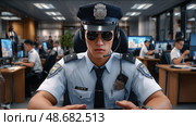 A police officer is wearing sunglasses and a hat and is sitting at a desk. Стоковое AI-изображение, AI-художник Ярославский Максим / Фотобанк Лори