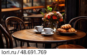 croissant coffeeshop table ai generated. Стоковое AI-изображение, AI-художник Vectorwin / Фотобанк Лори