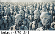 Group of artificial intelligence robots. Group of cyborgs in factors. Modern technologies, AI management. Concept of the future. 3D rendering. Стоковое AI-видео, аниматор ALLA YURTAYEVA / Фотобанк Лори