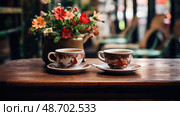 mismatched coffee cups on table ai generated. Стоковое AI-изображение, AI-художник Vectorwin / Фотобанк Лори