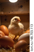 Young quail hatching in soft light with eggs around, farm symbolism. Стоковое AI-изображение, AI-художник Ольга Невская / Фотобанк Лори