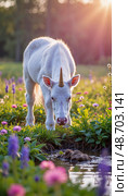 Critically endangered unicorn calf grazing in enchanted meadow, magic. Стоковое AI-изображение, AI-художник Ольга Невская / Фотобанк Лори