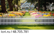 picket wooden fences ai generated. Стоковое AI-изображение, AI-художник Vectorwin / Фотобанк Лори