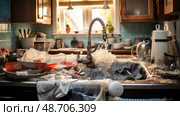 catastrophe kitchen disaster ai generated. Стоковое AI-изображение, AI-художник Vectorwin / Фотобанк Лори