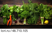 basil veggies on wood ai generated. Стоковое AI-изображение, AI-художник Vectorwin / Фотобанк Лори