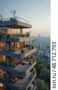 A high-rise apartment building with a rooftop terrace, offering panoramic views of the city skyline and modern living among downtown. Стоковое AI-видео, аниматор Sergey Grishin / Фотобанк Лори
