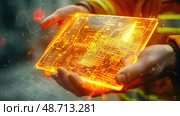 A firefighter holds a glowing, high-tech map while demonstrating advanced technology for emergency response at a training facility. Стоковое AI-изображение, AI-художник Данила Большаков / Фотобанк Лори