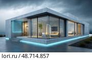 Modern smart home showing futuristic technology at dusk. Стоковое AI-изображение, AI-художник Юрий Поздников / Фотобанк Лори