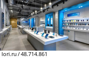 Modern electronics store displaying latest smartphones and tablets. Стоковое AI-изображение, AI-художник Юрий Поздников / Фотобанк Лори