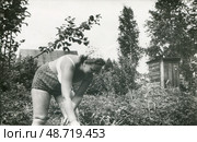 Девушка в летней одежде пропалывает дачный заросший участок, 1970-е гг, СССР. Стоковое фото, фотограф Retro / Фотобанк Лори