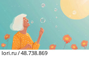An older woman enjoys a moment of happiness while blowing bubbles in a sunny garden filled with colorful sunflowers. Стоковое AI-изображение, AI-художник Данила Большаков / Фотобанк Лори