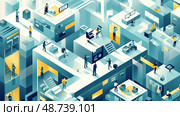 Professionals collaborate and focus on their work within a vibrant and dynamic office layout featuring multiple levels and workstations. Стоковое AI-изображение, AI-художник Данила Большаков / Фотобанк Лори