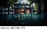 deluge house under water ai generated. Стоковое AI-изображение, AI-художник Vectorwin / Фотобанк Лори