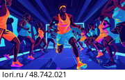 A diverse group of athletes participates in an intense workout, showcasing energy and enthusiasm in a colorful fitness environment. Стоковое AI-изображение, AI-художник Данила Большаков / Фотобанк Лори