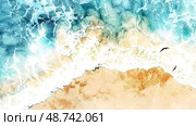 Ocean waves collide with the shore, creating a dazzling display of blue and sandy colors under the bright midday sun. Стоковое AI-изображение, AI-художник Данила Большаков / Фотобанк Лори