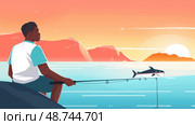 A person sits on a rock by the ocean, fishing as the sun sets, with a shark mysteriously swimming close to the shore. Стоковое AI-изображение, AI-художник Данила Большаков / Фотобанк Лори