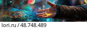 A close-up image of a persons hand reaching out with glowing light and bokeh in the background. The hand is open, and the light is emanating from it, creating a sense of hope and possibility. Стоковое AI-изображение, AI-художник Данила Большаков / Фотобанк Лори