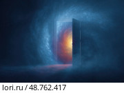 A door is open in a dark room with a blue background. Стоковое AI-изображение, AI-художник Ярославский Максим / Фотобанк Лори