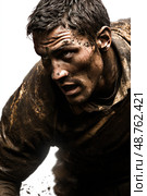 A man is covered in mud and dirt, with his face showing a look of determination. Стоковое AI-изображение, AI-художник Ярославский Максим / Фотобанк Лори