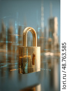 Digital Golden Lock Symbolizes Cybersecurity and Data Protection in a Futuristic Setting. Стоковое AI-изображение, AI-художник Юлия Гапеенко / Фотобанк Лори