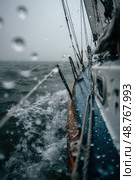 A boat is sailing in the ocean with water splashing on the side. Стоковое AI-изображение, AI-художник Ярославский Максим / Фотобанк Лори