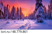 orange forest in snow ai generated. Стоковое AI-изображение, AI-художник Vectorwin / Фотобанк Лори