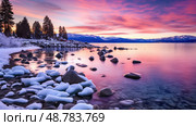 shoreline lake tahoe winter ai generated. Стоковое AI-изображение, AI-художник Vectorwin / Фотобанк Лори