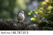 Long tailed tit perched on a branch near green leaves. Стоковое AI-изображение, AI-художник Юрий Поздников / Фотобанк Лори