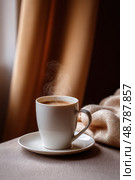Steaming cup of coffee creating cozy atmosphere by curtained window. Стоковое AI-изображение, AI-художник Юрий Поздников / Фотобанк Лори