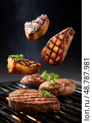 Grilled meat cooking on barbecue grill with pieces jumping in the air. Стоковое AI-изображение, AI-художник Юрий Поздников / Фотобанк Лори
