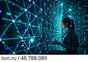 Hightech data center with woman using laptop and digital glowing blue lines. Стоковое AI-изображение, AI-художник Anastasy Yarmolovich / Фотобанк Лори