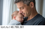 Father holding his newborn baby with tenderness and love. Стоковое AI-изображение, AI-художник Юрий Поздников / Фотобанк Лори