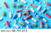 Antibiotic pills surrounded by resilient bacteria, Healthcare dilemma, Visual representation of antibiotic resistance crisis. Стоковое AI-изображение, AI-художник Anastasy Yarmolovich / Фотобанк Лори