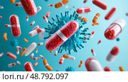 Antibiotic pills surrounded by resilient bacteria, Healthcare dilemma, Visual representation of antibiotic resistance crisis. Стоковое AI-изображение, AI-художник Anastasy Yarmolovich / Фотобанк Лори