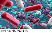 Antibiotic pills surrounded by resilient bacteria, Healthcare dilemma, Visual representation of antibiotic resistance crisis. Стоковое AI-изображение, AI-художник Anastasy Yarmolovich / Фотобанк Лори