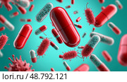 Antibiotic pills surrounded by resilient bacteria, Healthcare dilemma, Visual representation of antibiotic resistance crisis. Стоковое AI-изображение, AI-художник Anastasy Yarmolovich / Фотобанк Лори