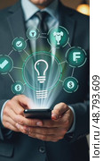 A person in a business suit working on a smartphone with virtual icons related to successful transactions, including a glowing green checkmark. Стоковое AI-видео, аниматор Sergey Grishin / Фотобанк Лори